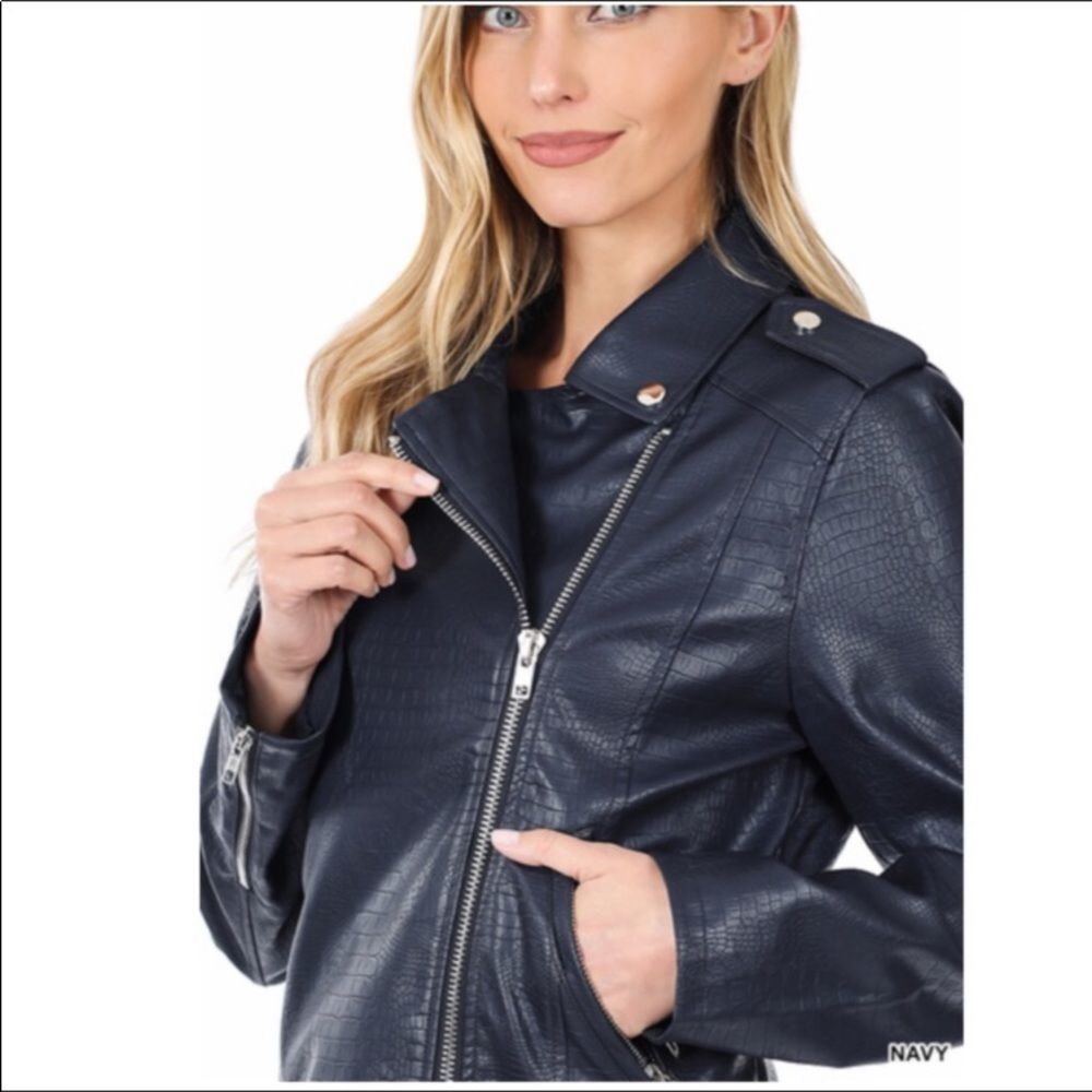 Vegan Leather Snake Skin Embroidered Jacket In Navy